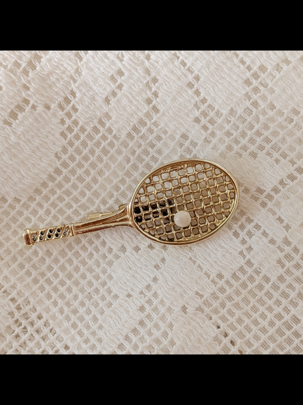Vintage Gold Tone Tennis Racket Brooch Pin with Pearl Accent 2 in Long | 1960s